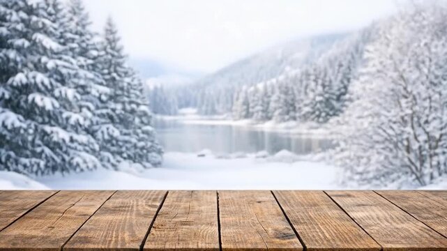 Wooden table rests in a snowy forest