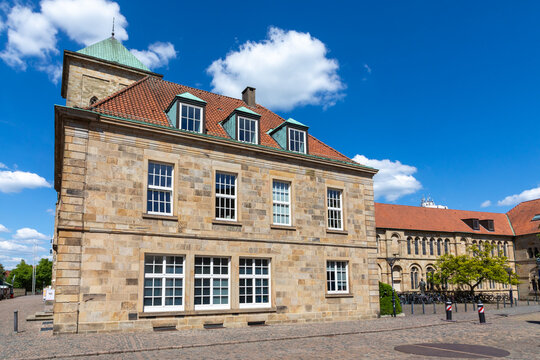  view to G&ouml;&szlig;lingsches Haus, a historic 18th-century stone structure located at the Domhof square in the historic center of Osnabr&uuml;ck, Germany