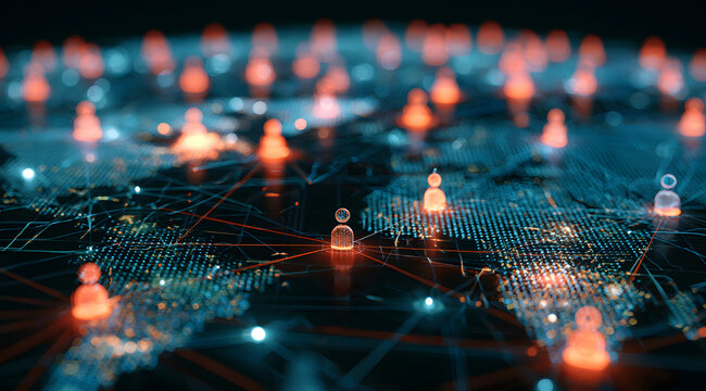Cutting-edge digital social platform featuring illuminated linked user icons and worldwide data hubs