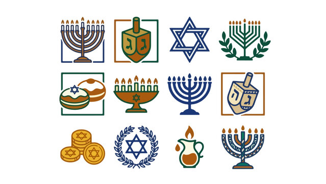 Hanukkah menorah and dreidel holiday emblem set with stars for greeting cards