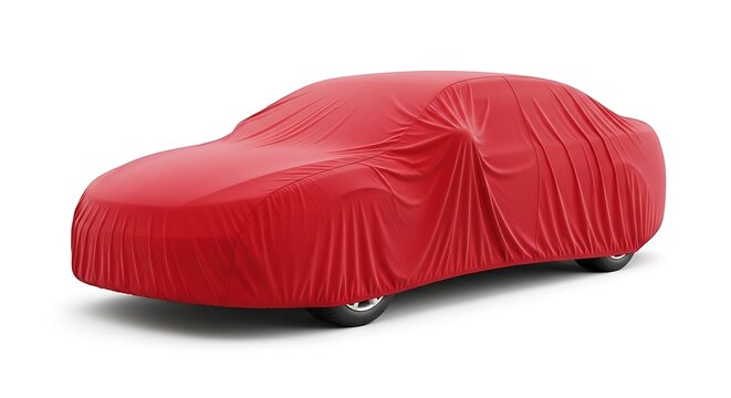 Classic car covered with a vibrant red protective cover