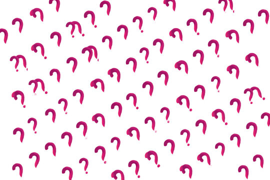 Repeating pattern of pink question marks arranged in diagonal rows on a plain white background, isolated on a, transparent background