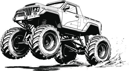 Monster Truck Vector Illustration in Black and White Ink Style Splashing Through Mud © ZeinLens