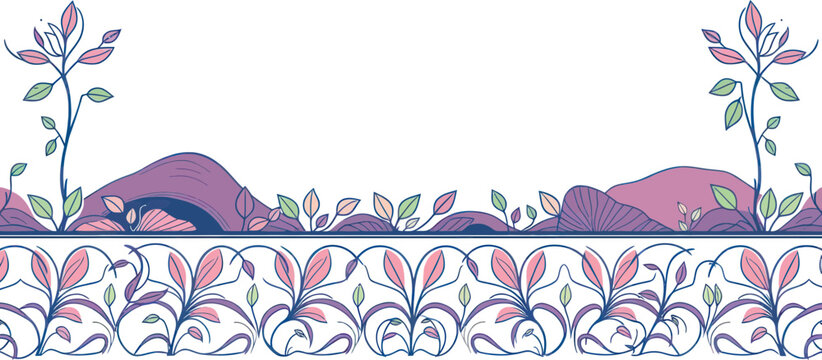 Botanical Border Illustration with Art Nouveau Floral Patterns and Rolling Hills for Decorative Design