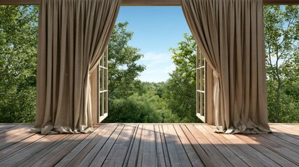 Fototapeta premium Bright Open Window View with Curtains and Green Tree Landscape