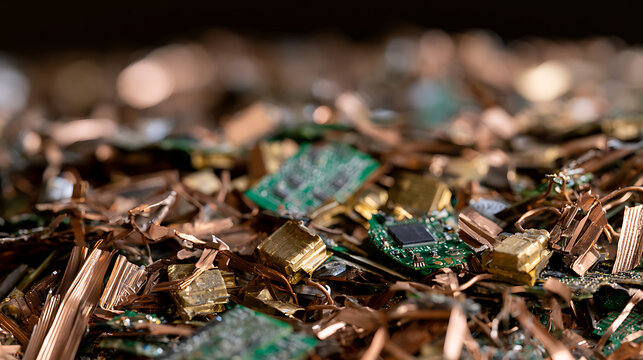 Pile of electronic waste, discarded circuit boards, precious metal scrap, and copper pieces ready for recycling and material recovery process