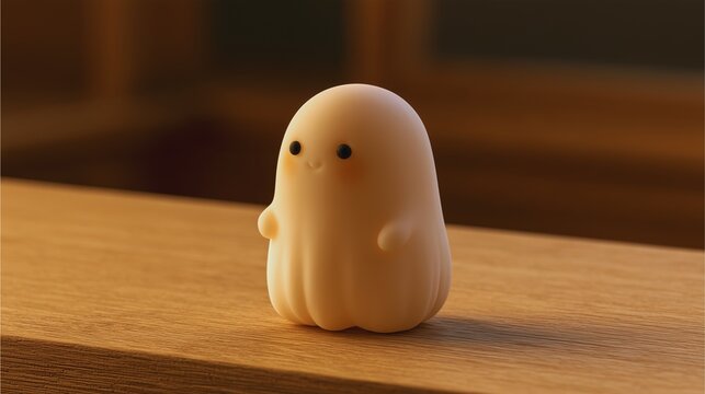 AI生成した、頬を赤らめてはにかむクリーム色のおばけフィギュア｜木製テーブルに佇む夜の温かなハロウィンシーン