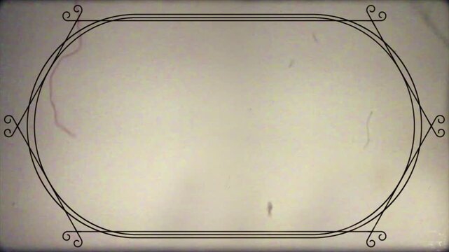 Vintage silent film frame overlay featuring a double-line black oval border with decorative corner flourishes, subtle vignette edges, flickering analog dust, hair, scratches, and film grain texture