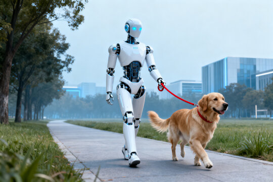 Humanoid android robot walking dog pet