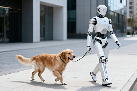 Humanoid android robot walking dog pet