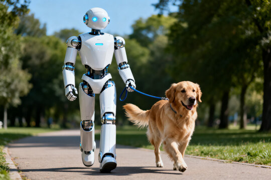Humanoid android robot walking dog pet