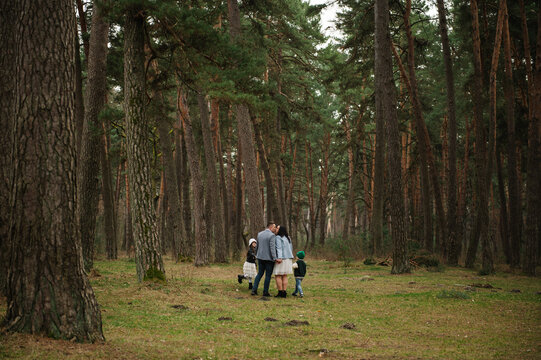 Happy family with mom, dad, son, and daughter walking and enjoying time together in a scenic pine forest.