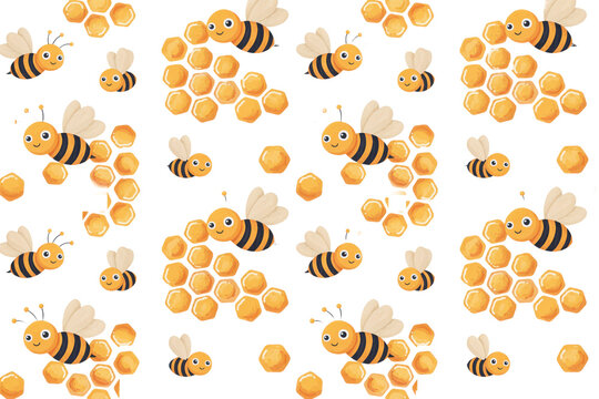 Seamless pattern featuring cute cartoon bees and golden honeycomb cells on a white background, isolated on a, transparent background