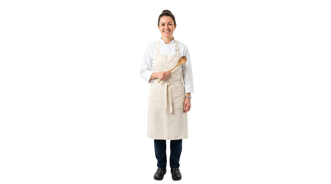 Female chef in white jacket and beige apron. Smiling woman holding wooden spoon. Isolated portrait