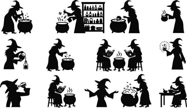 Black silhouettes of witches brewing potions in cauldrons, reading spellbooks, and casting magic spells on a white background