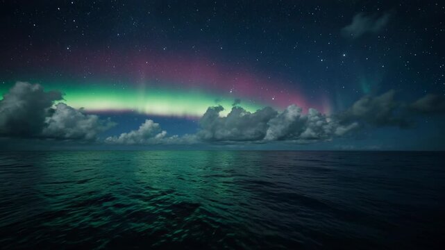 Aurora Borealis dancing over calm ocean at night with subtle cloud formations