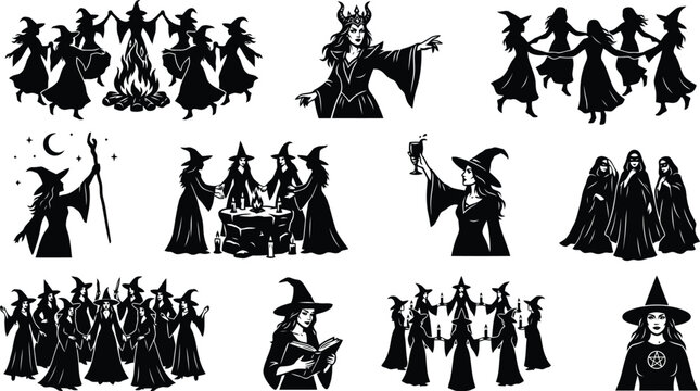Collection of black silhouettes featuring witches, magic rituals, cauldrons, and mystical scenes on a white background