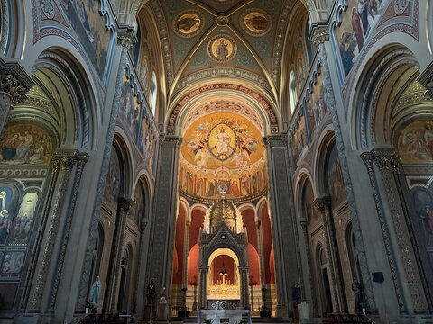Interior of the Church of Cyril and Methodius in Karl&iacute;n, Prague, Czechia with golden mosaics and religious frescoes.