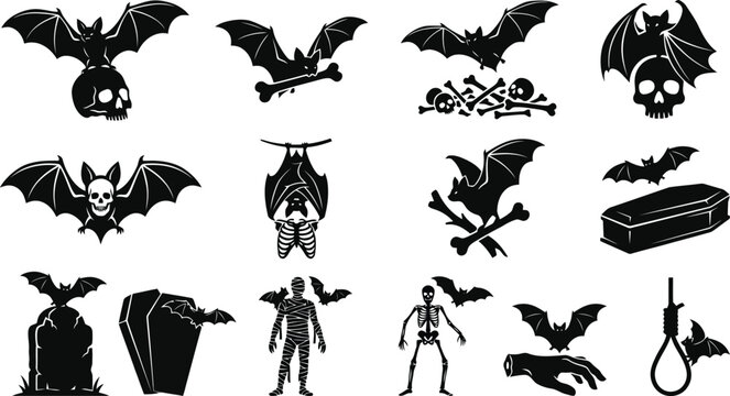Set of twelve black silhouette depicting bats in various poses, along with skulls, skeletons, coffins, tombstones, and a mummy figure