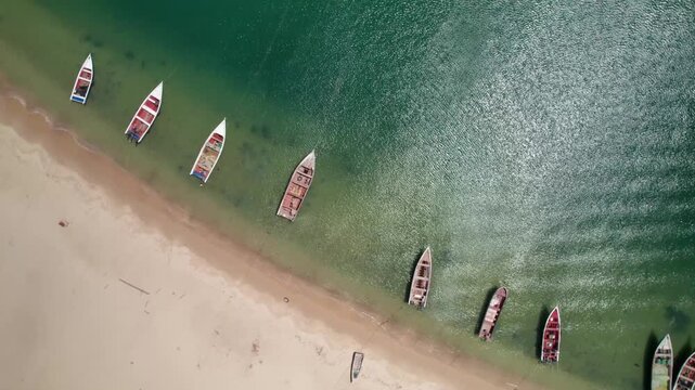 Aerial view of fishing boats on the beach in Venezuela.