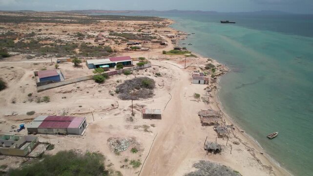 Aerial view of Araya coastline and arid landscape, Venezuela.