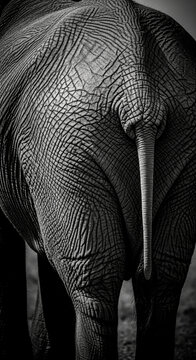 Close-up of textured elephant skin and tail, showcasing natural patterns and strength, representative of wildlife and natural history