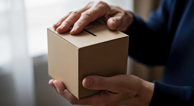 Senior hands holding plain cardboard donation box with money slot. Elderly person carefully cradles simple donation box, symbolizing charitable giving and community support.