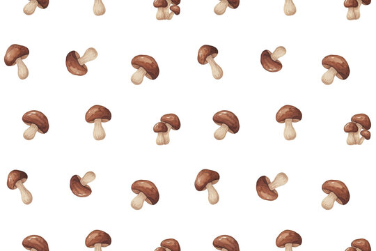 Seamless pattern featuring hand drawn brown mushrooms on white background, isolated on a, transparent background