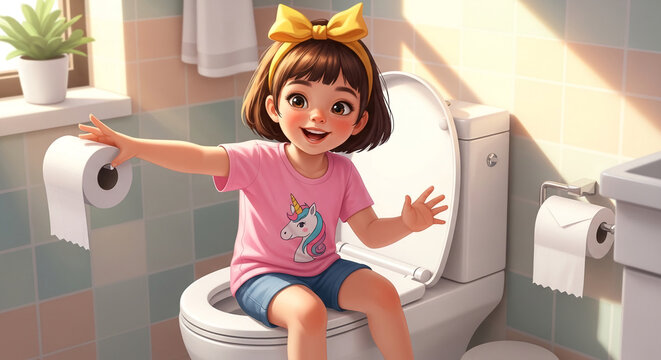 Smiling girl holding toilet paper on a toilet, representing childhood innocence and everyday bathroom scenes, ideal for lifestyle or home hygiene topics.