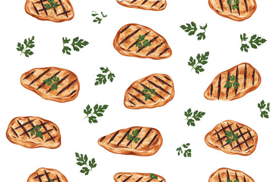Seamless pattern featuring grilled chicken breast fillets and fresh green parsley leaves on white background, isolated on a, transparent background