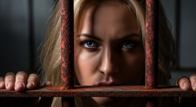 Close-up of a woman's face behind rusty bars, her blue eyes intense, symbolizing confinement, struggle, or a plea for help.