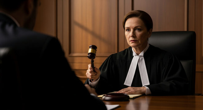 A judge in black robes holds a gavel over a desk, representing justice, law, and legal proceedings in a courtroom.