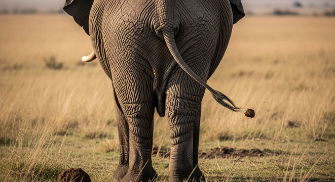 Close-up of an elephant's rear and tail in a grassy savanna, showcasing its textured skin and playful action, representing wildlife and nature