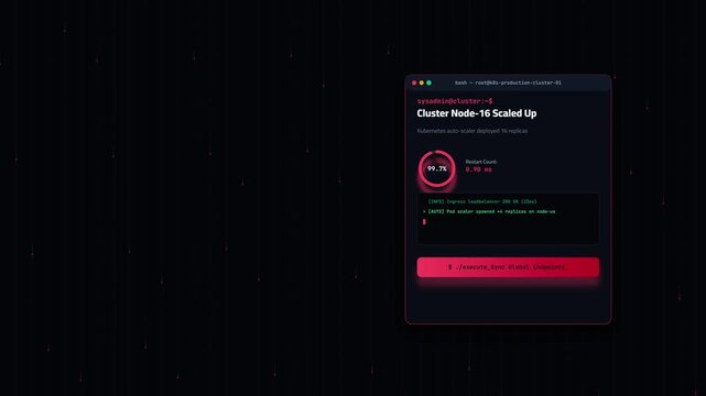Futuristic dark UI dashboard showing a cloud server terminal and monitoring interface, displaying Kubernetes cluster node auto-scaling, pod replication status, uptime analytics, and system synchroniza