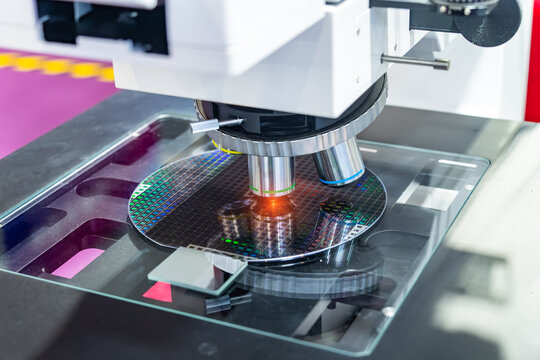Silicone wafer under the microscope,integrated circuits to manufacture CPU and GPU