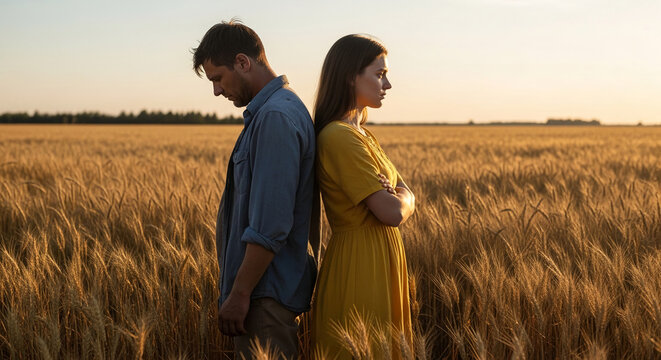 A couple stands back-to-back in a golden wheat field at sunset, symbolizing separation or a moment of reflection