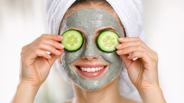 Woman wears cucumber slices over gray face mask