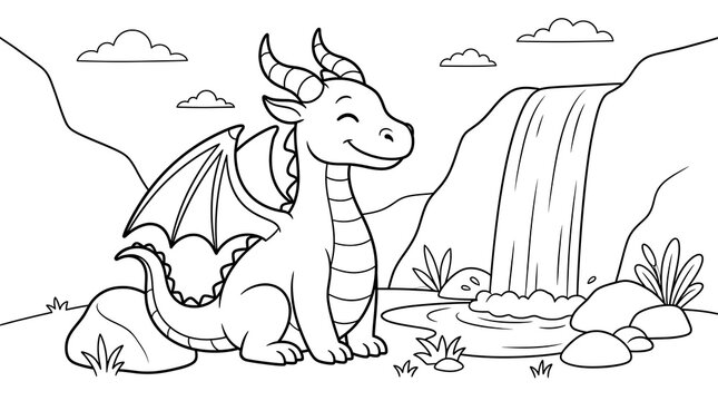 A cute little dragon sitting peacefully by a flowing waterfall in a magical landscape black and white line art illustration
