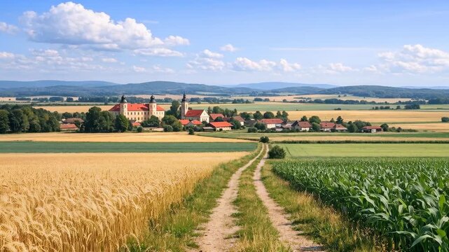 Golden wheat fields stretch beside green corn rows