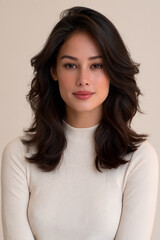 Fototapeta premium young latina woman with confident expression, latina woman portrait with soft wavy hair, elegant latina female studio portrait