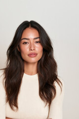 Fototapeta premium young latina woman with confident expression, latina woman portrait with soft wavy hair, elegant latina female studio portrait