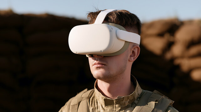 Young soldier in military uniform wear white virtual reality headset outside in trench setting modern tech simulation training concept