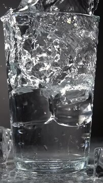 Ice cubes falling into a glass of water with splash in slow motion