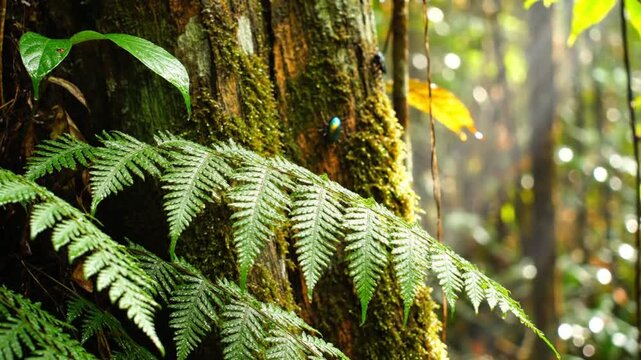 Rainforest foliage close up with fern leaves, tree trunk, and dappled sunlight for nature scene ambiance