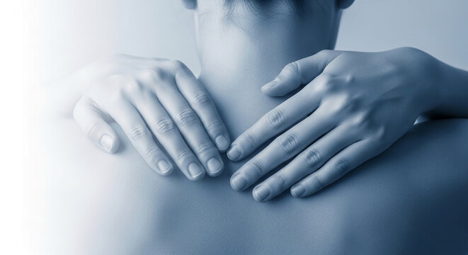Close-up of hands gently touching a neck and shoulder area, symbolizing pain relief, relaxation, and self-care.