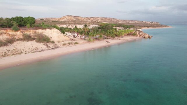 Aerial view of Araya coastline with turquoise waters, Venezuela.
