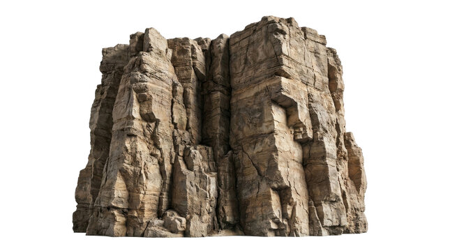 Rugged granite mountain cliff stone formation isolated against clean white background showing textured geological rock layers