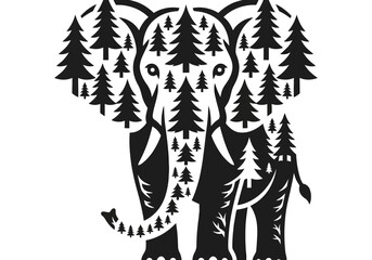 Fototapeta premium Elephant Silhouette Filled With Pine Trees - Nature and Wildlife Art