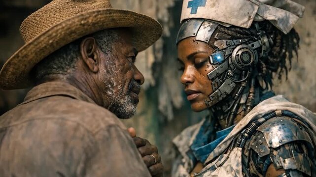 Worn hat rests on weathered man's head