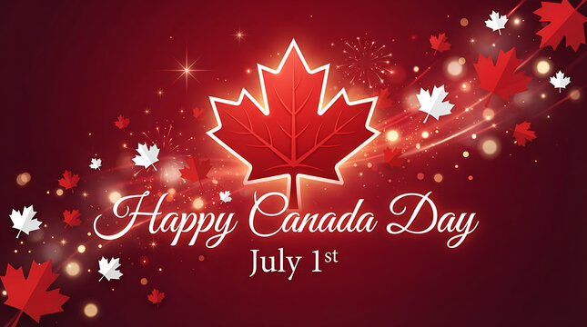 Happy Canada Day Greeting Card with Maple Leaf and Sparkles Design